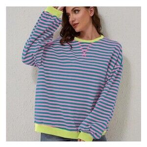 Women's Striped Knit Top Pink Green Long Sleeve Pullover Casual Top Medium